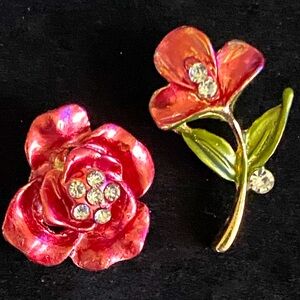 2 Vintage Inspired Red/Coral floral enamel brooch/pins w/ Crystal stone accents